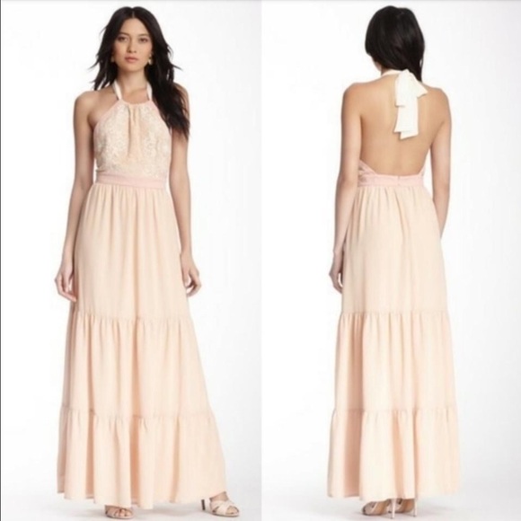 E013 Anthropologie Champagne & Strawberry Backless Halter Layered Maxi Dress - Picture 1 of 8